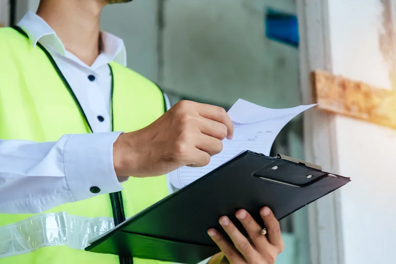 Priya Raman checking a work order on a clipboard