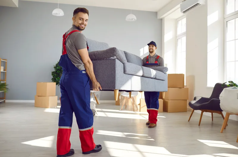 Two uniformed crew members carrying a gray sofa across a bright living room, moving boxes stacked behind them