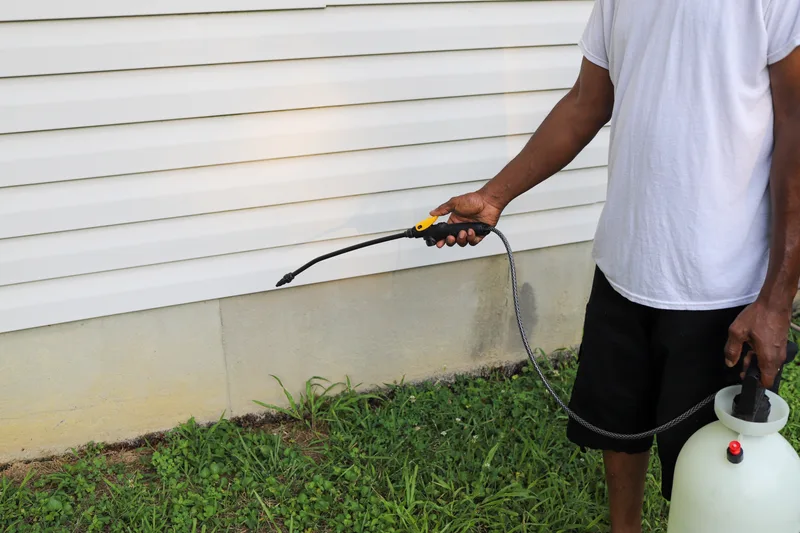 Technician applying a low-pressure band of treatment along a home's foundation line where the siding meets the ground