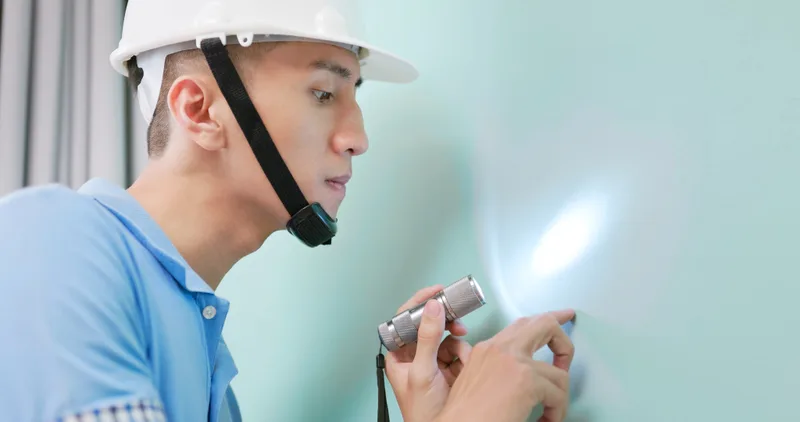 Inspector in a white hard hat tracing a wall with a small flashlight during a close interior inspection