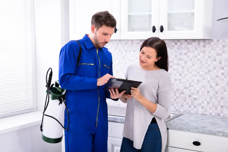 Technician in a blue work suit walking a homeowner through the written findings and price on a clipboard in her kitchen