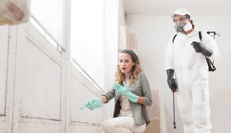 Homeowner pointing out mould on a stairwell wall to a technician in a white protective suit and respirator