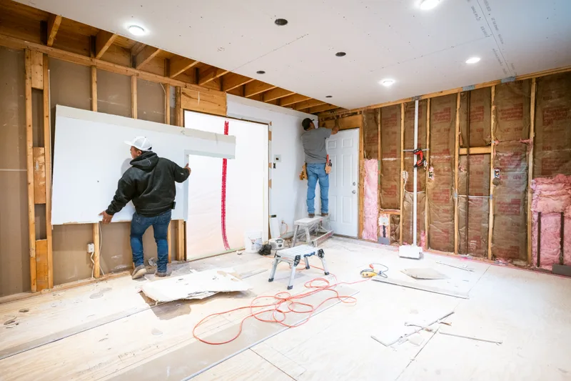 Two crew members hanging new drywall in a room opened to the studs during repairs
