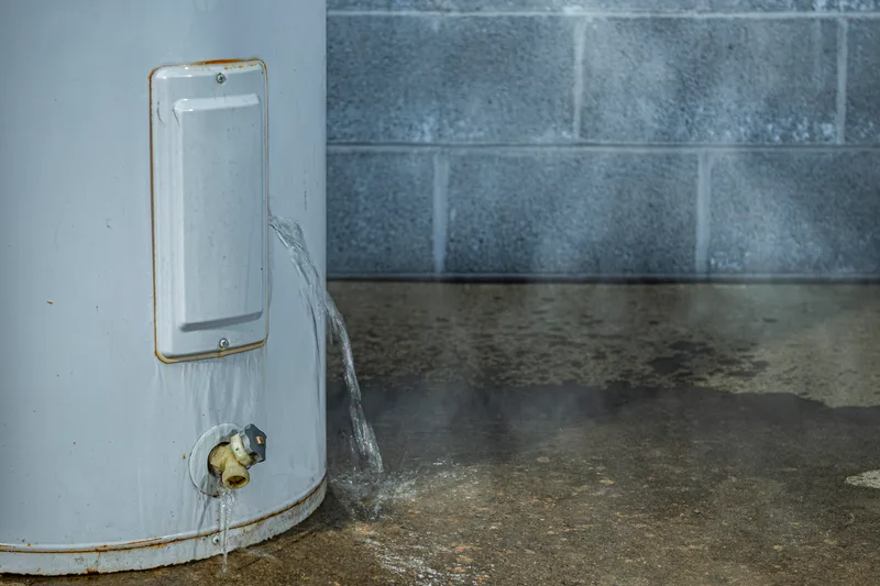 Water spreading across a basement floor from the base of a leaking water heater