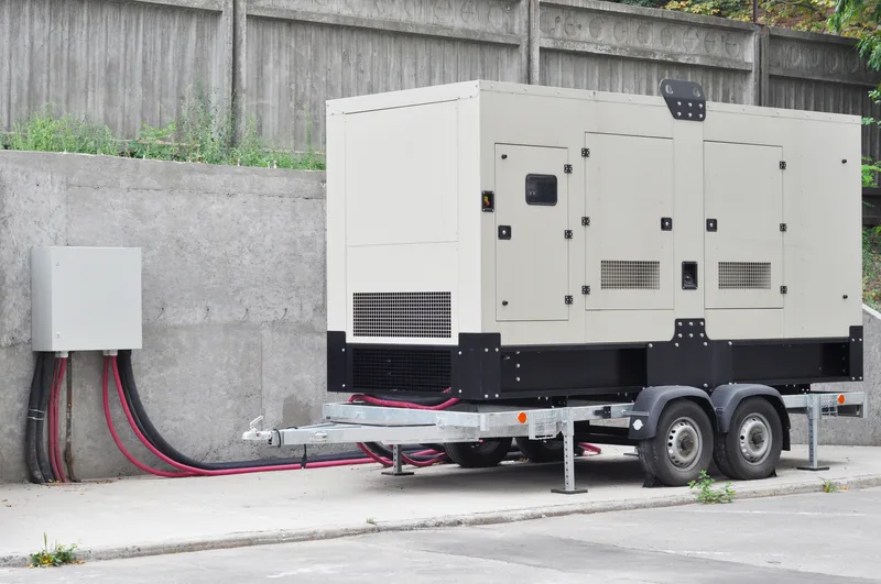 A towable commercial generator parked beside a building and cabled into a wall-mounted connection cabinet