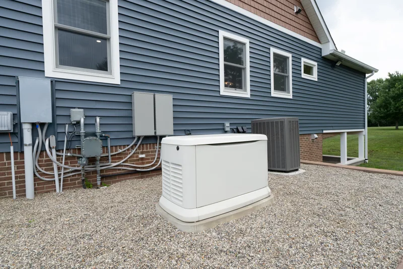 A home standby generator on a gravel pad beside a blue-sided house, with the transfer switch and disconnect boxes mounted on the wall behind it