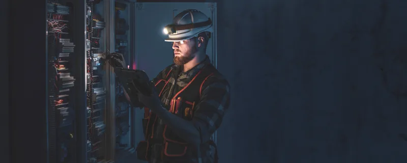 A technician wearing a headlamp checks wiring inside a switchgear cabinet in a dark room