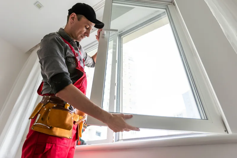 Installer in work overalls setting a new white casement sash into a kitchen window opening