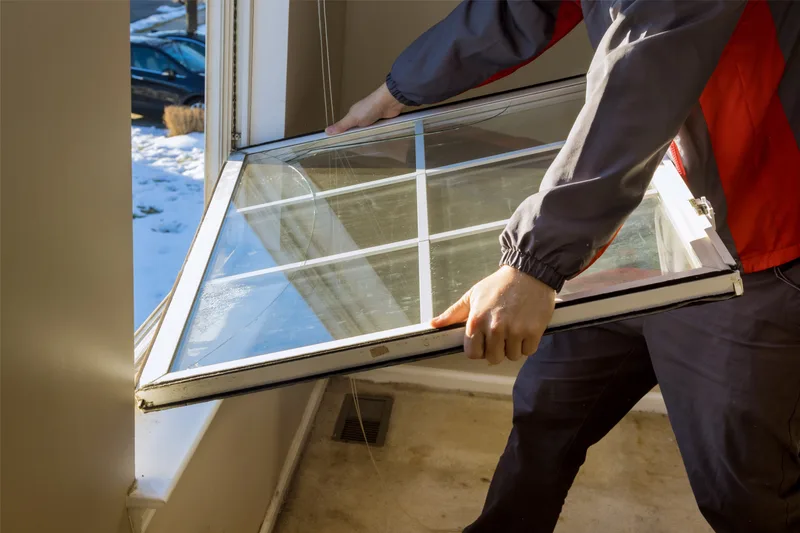 Installer lifting an old divided-light window sash out of its frame during a replacement