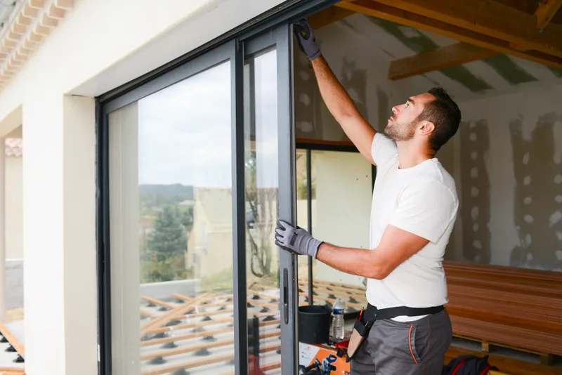 Installer adjusting a tall new sliding glass door panel in a house under renovation