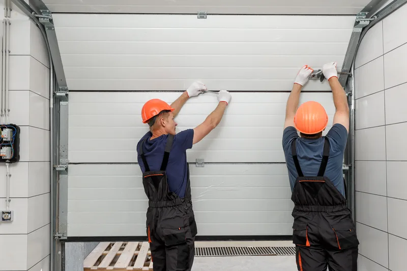 Two Liftline installers in hard hats fitting a new white sectional door