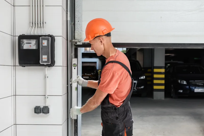Garage door technician checking a vertical door track with a level beside a sectional door