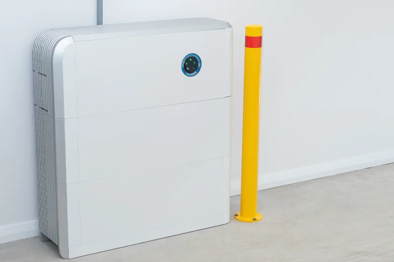 Wall-mounted home battery unit installed in a clean garage beside a yellow safety post