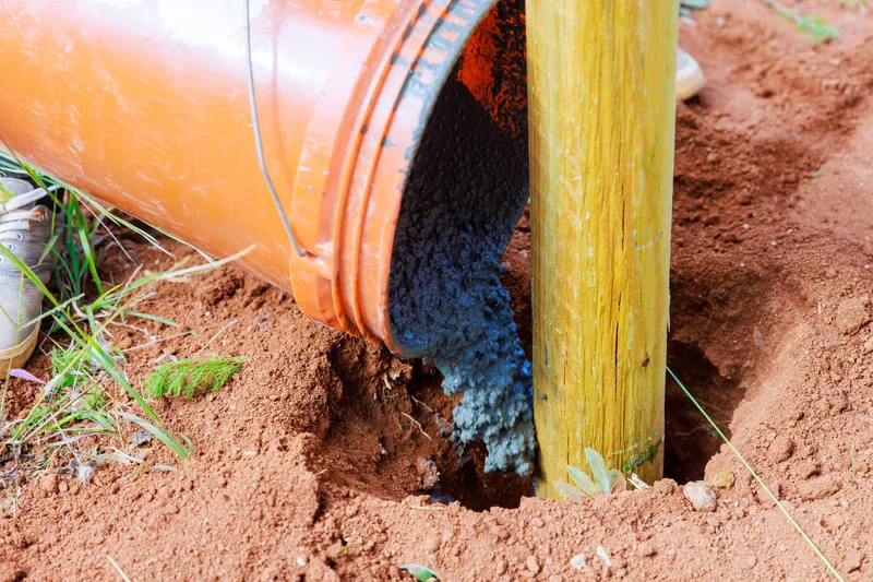 Concrete being poured around a new wooden fence post in red clay soil
