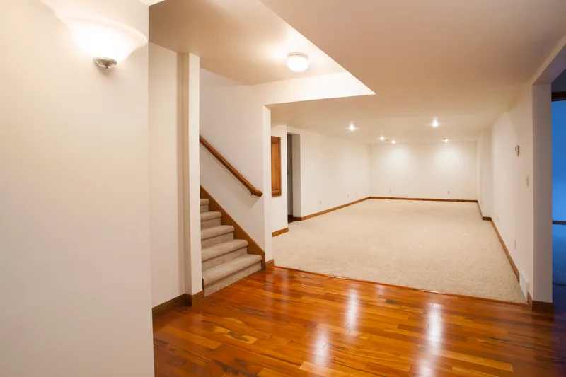 Finished basement with wood-look flooring at the stairs and soft beige carpet beyond