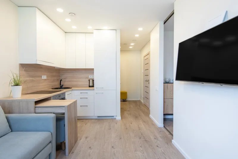 Compact modern condo kitchen and living room with pale wood-look plank floors