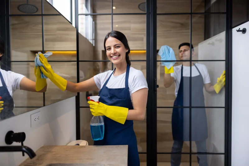 Two smiling cleaners in denim aprons and yellow gloves polishing both sides of a glass shower enclosure
