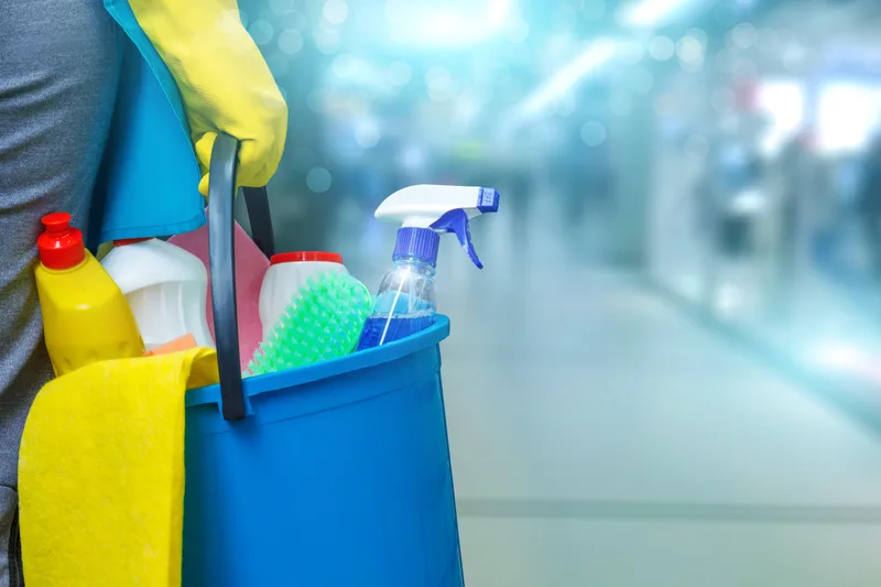 Cleaner carrying a blue bucket of spray bottles and sponges into a bright, softly blurred home interior