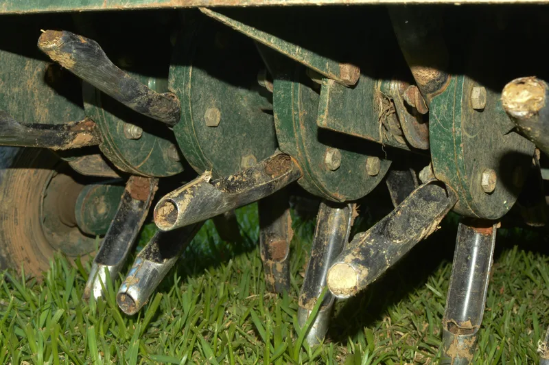 Close-up of a core aeration machine's hollow tines pulling plugs from the turf