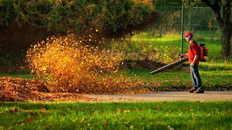A crew member with a backpack leaf blower sending a cloud of orange autumn leaves off a lawn