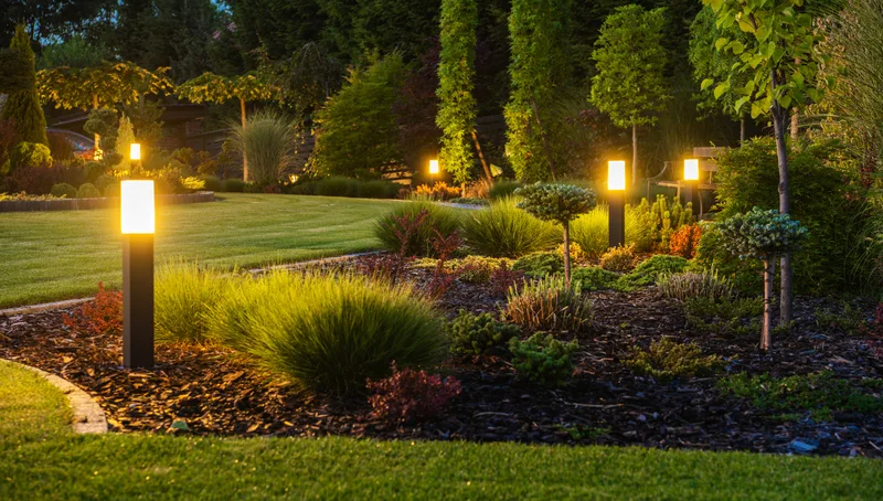 Low bollard lights washing layered planting beds along the entry walk at dusk