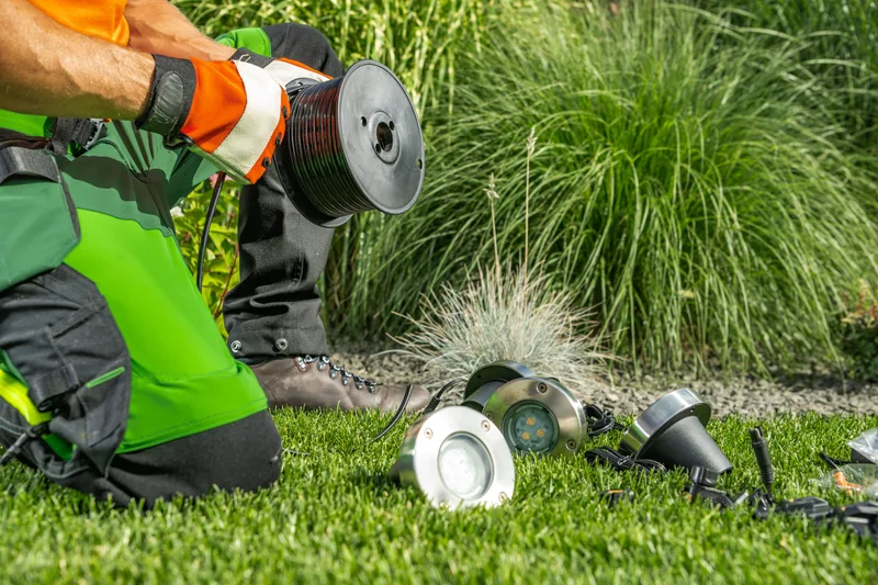 Gloved crew member unrolling low-voltage cable beside ornamental grasses, with in-ground garden lights laid out on the lawn