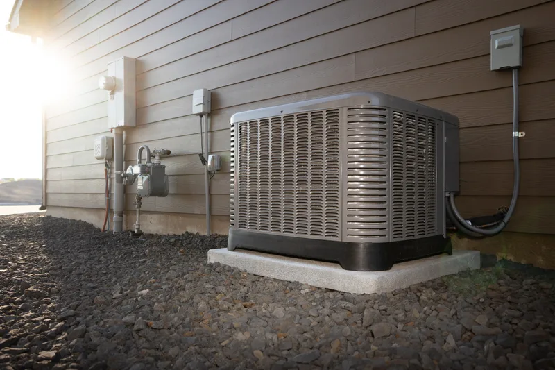 New central air conditioner on a concrete pad beside a home, lit by late afternoon sun