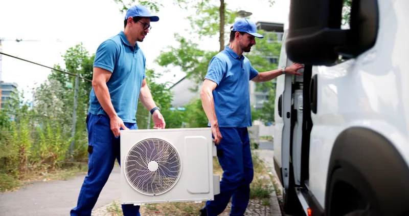 Two technicians carrying a new outdoor mini-split unit from a white service van