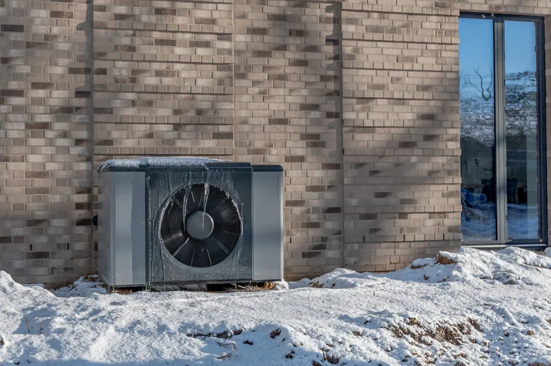 Air-source heat pump running beside a brick home with snow on the ground and icicles on the casing
