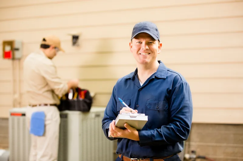Smiling technician with a clipboard beside outdoor units while a teammate works behind him