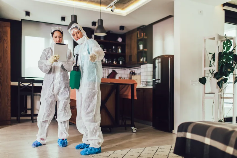 Two technicians in white protective suits, gloves and shoe covers reviewing a tablet inside a home