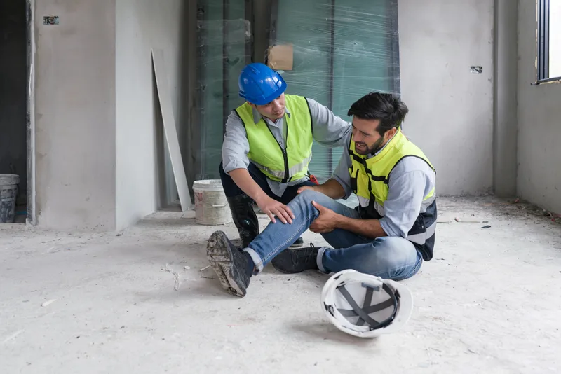 A construction worker sits on a concrete floor holding his knee while a co-worker in a hard hat checks on him