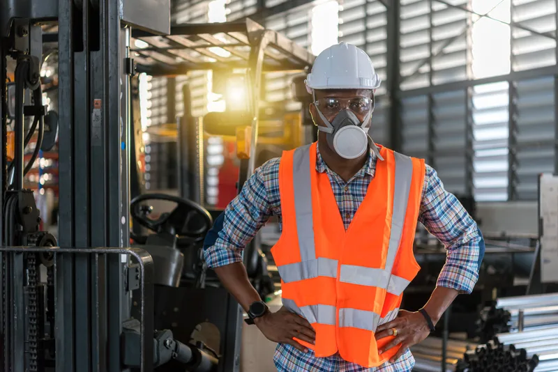 A warehouse worker in a hard hat, safety glasses and a dust respirator stands near a forklift