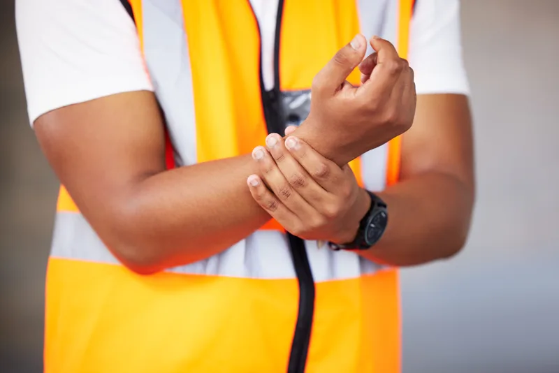 A worker in a high-visibility vest holds a sore wrist