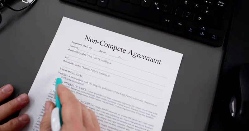 A hand holds a pen over a printed non-compete agreement on a dark desk