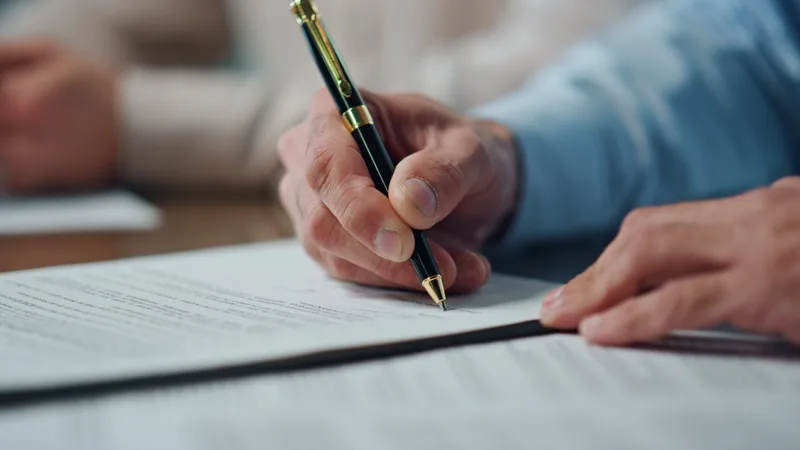 Close view of a hand signing a document with a black and gold fountain pen