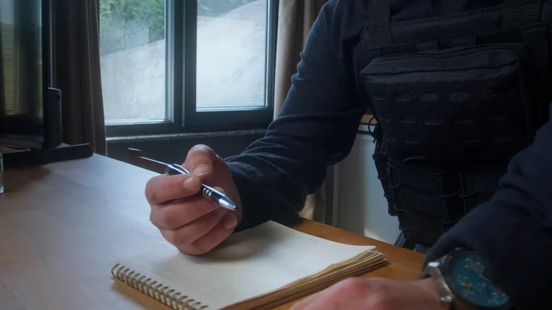 An officer in a dark vest sits at a desk by a window, pen over an open notebook
