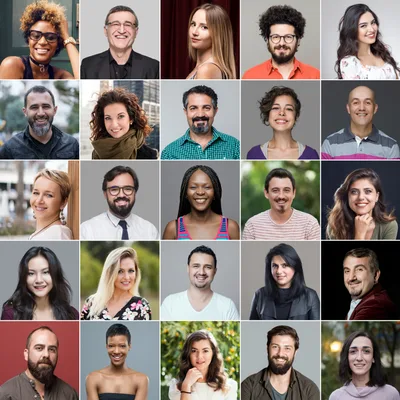 A mosaic of twenty-five portraits of people of different ages and backgrounds, representing the clients Sterling Justice Law has stood beside