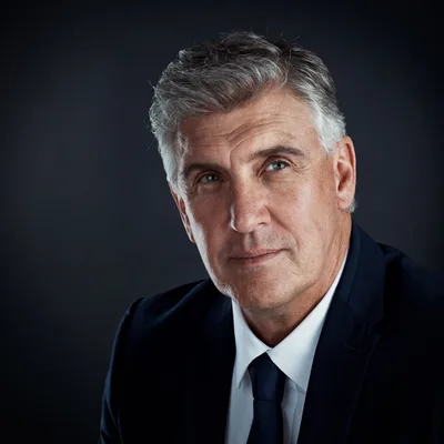 Daniel R. Sterling, a silver-haired attorney in a dark suit and navy tie, photographed against a charcoal backdrop