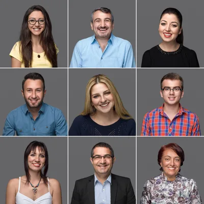 A mosaic of nine portraits of team members and clients of different ages and backgrounds
