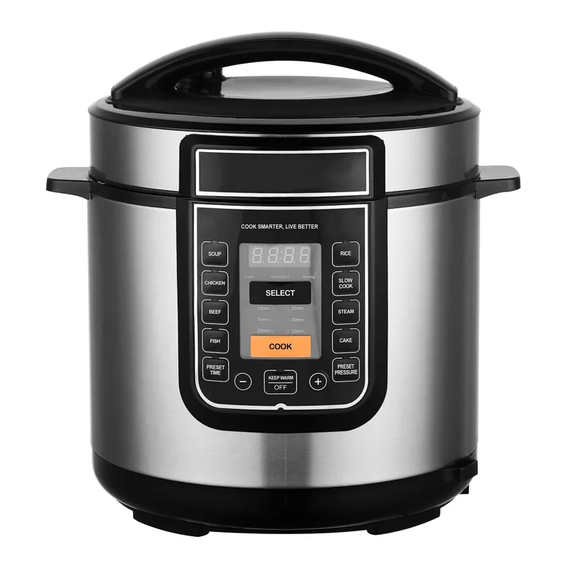 A stainless steel electric pressure cooker on a plain white background