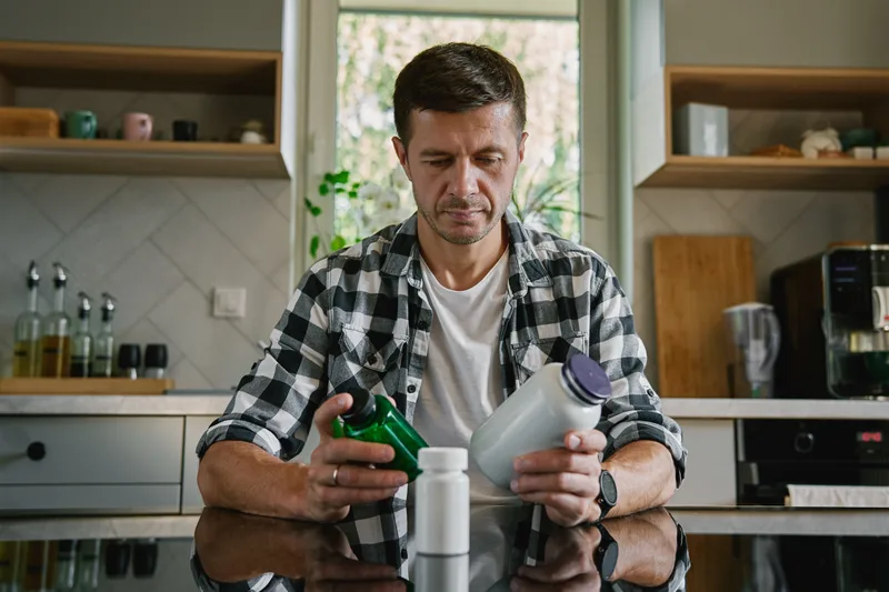 A man at his kitchen counter reading the labels on two medicine bottles