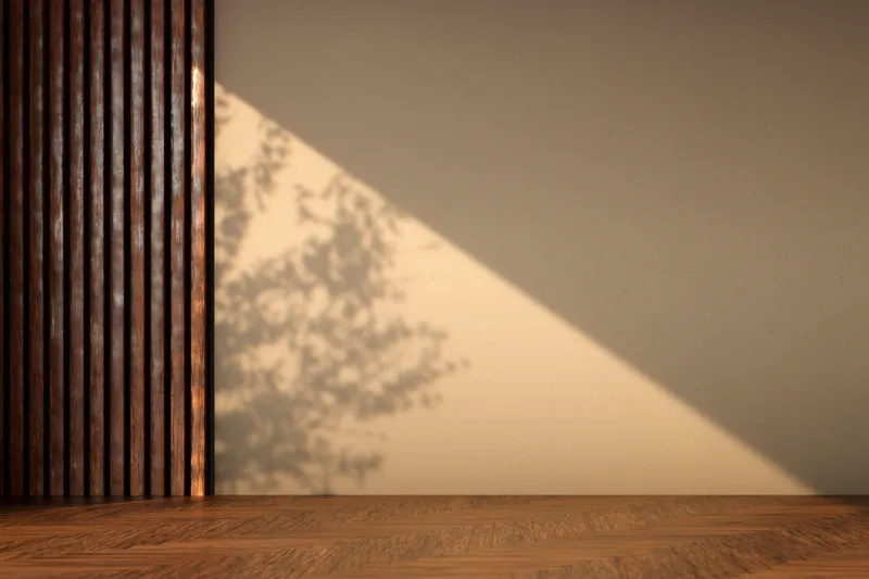 Morning sun casting tree shadows across the bare wall of an empty room, a new home before move-in day