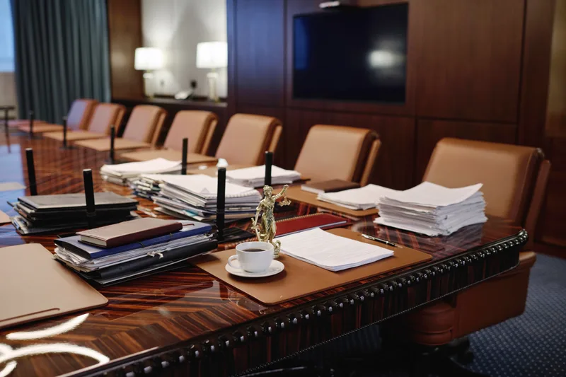 A quiet law office conference room with case files and a coffee cup on a long wooden table