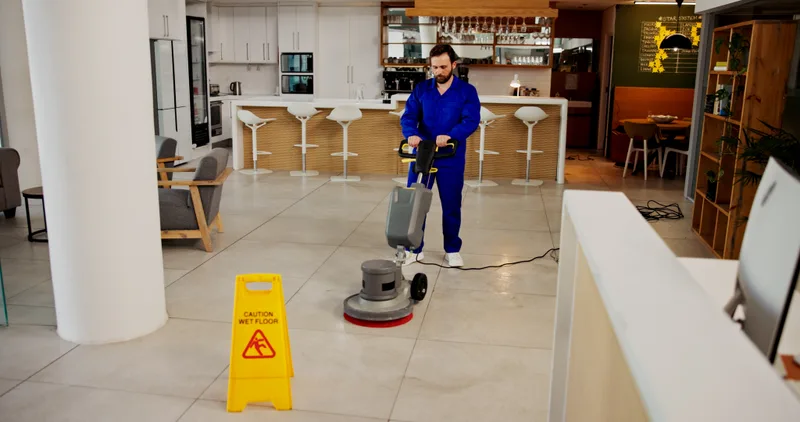 Lamplighter crew member running a floor machine across an open office floor behind a wet floor sign