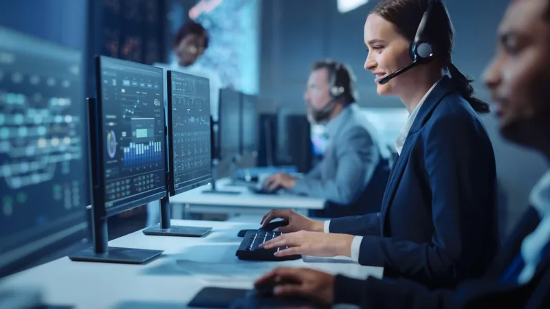 Help desk technician with a headset answering a call at her desk