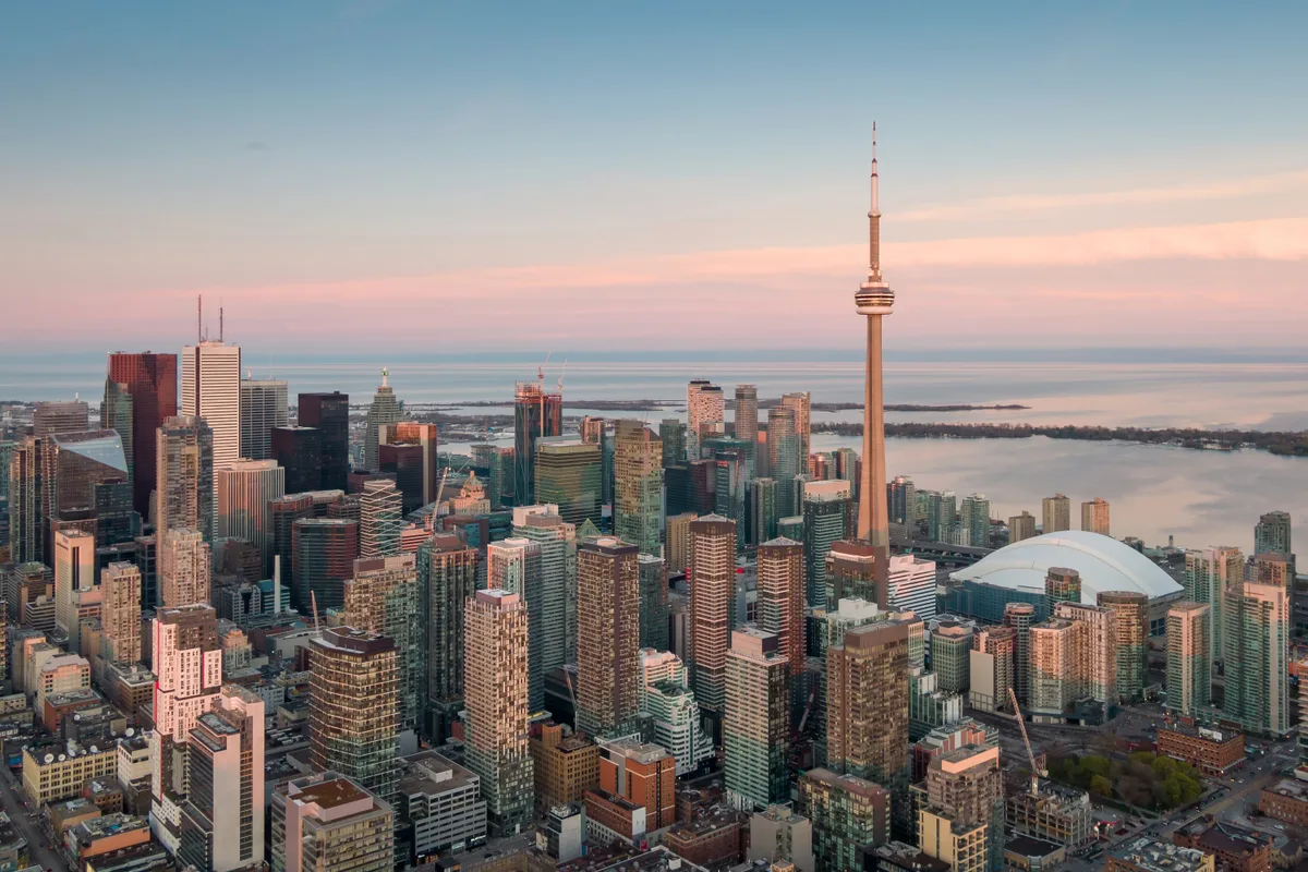 Aerial view of the Toronto Financial District at sunset, Ontario