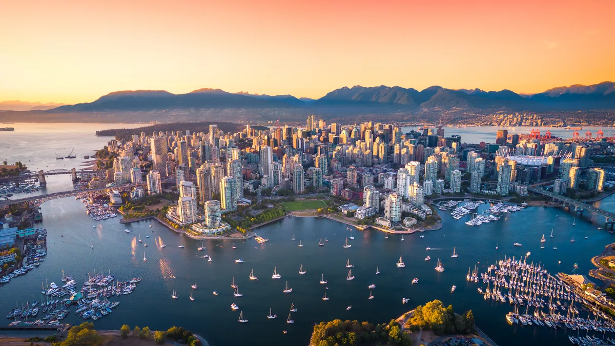 Aerial view of the downtown Vancouver skyline at sunset, British Columbia