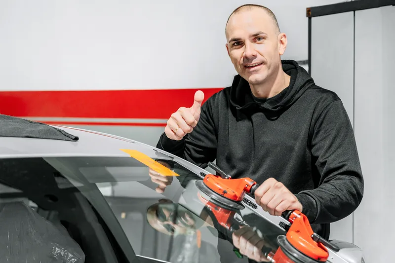 Technician replacing a car windshield