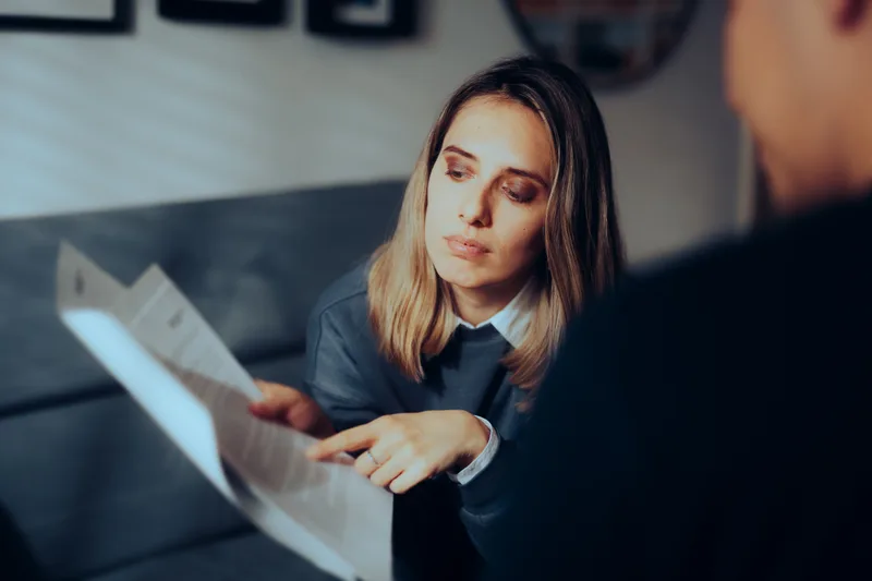 Attorney reviewing financial documents with a client in an office